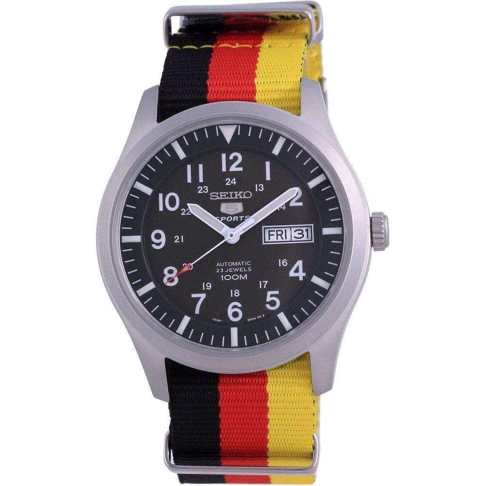 Seiko 5 Sports Military Automatic Polyester SNZG09K1-var-NATO26 100M Men's Watch - Green Dial Germany National Flag Pattern Strap