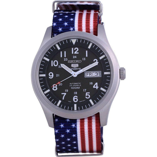 Load image into Gallery viewer, Seiko 5 Sports Military Automatic Polyester SNZG09K1-var-NATO27 100M Men&#39;s Watch - Green Dial, USA National Flag Pattern Strap
