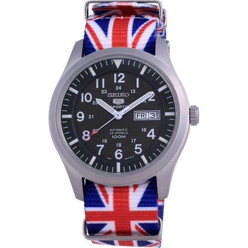 Load image into Gallery viewer, Seiko 5 Sports Military Automatic Polyester SNZG09K1-var-NATO28 100M Men&#39;s Watch in Green with United Kingdom National Flag Pattern Strap
