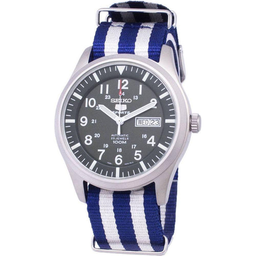 Load image into Gallery viewer, Seiko 5 Sports Automatic Nato Strap SNZG09K1-var-NATO2 Men&#39;s Watch - Stainless Steel Case, Blue White Nato Strap, Green Dial
