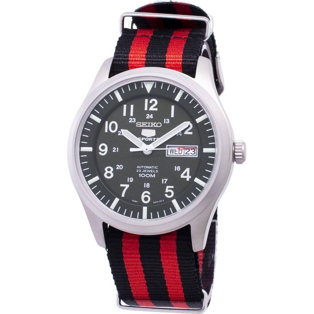 Seiko 5 Sports Automatic Nato Strap SNZG09K1-var-NATO3 Men's Watch - Red Black Stainless Steel Case, Green Dial