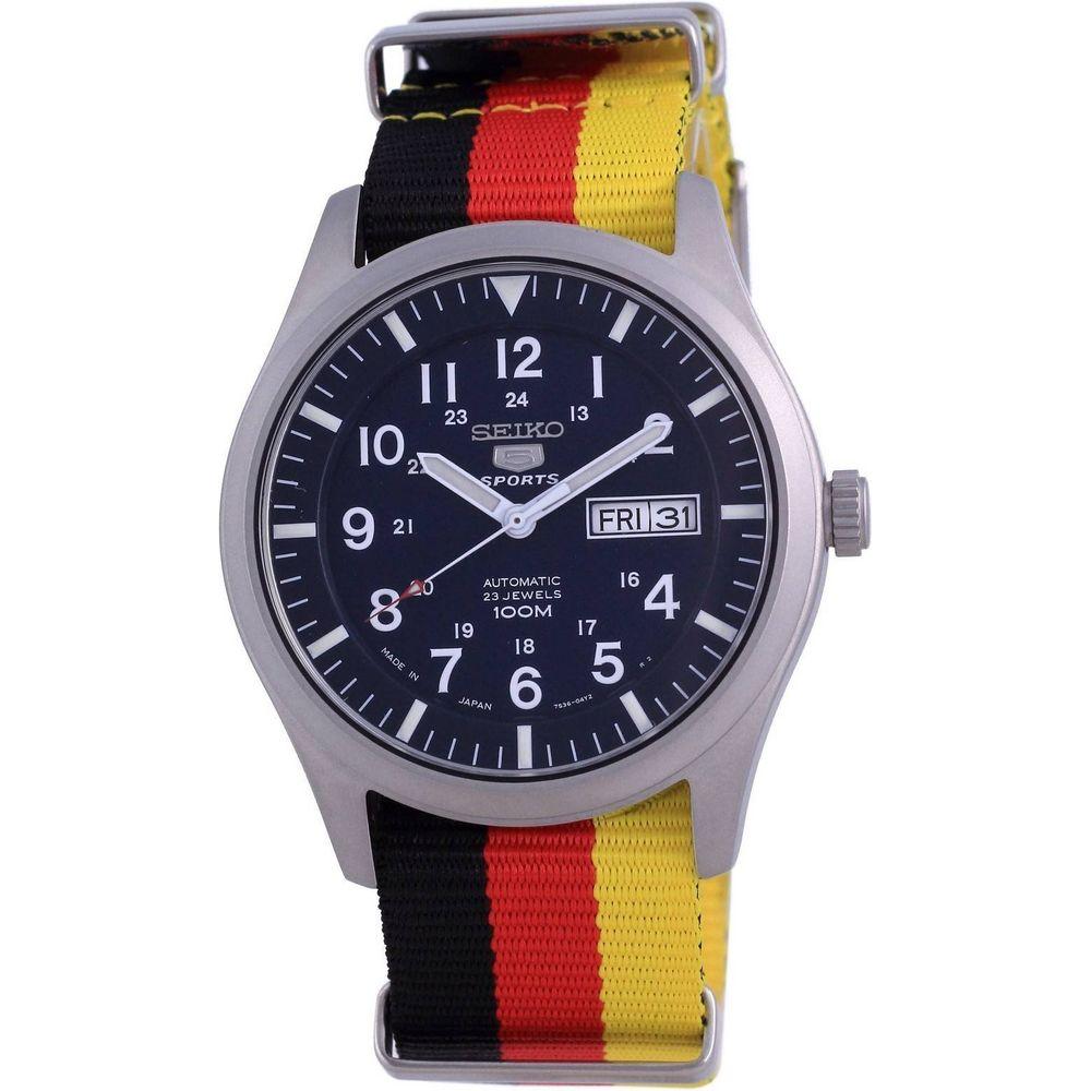 Seiko 5 Sports Automatic Polyester SNZG11J1-var-NATO26 100M Men's Watch in Blue with Germany National Flag Pattern Strap - The Ultimate Expression of German Patriotism