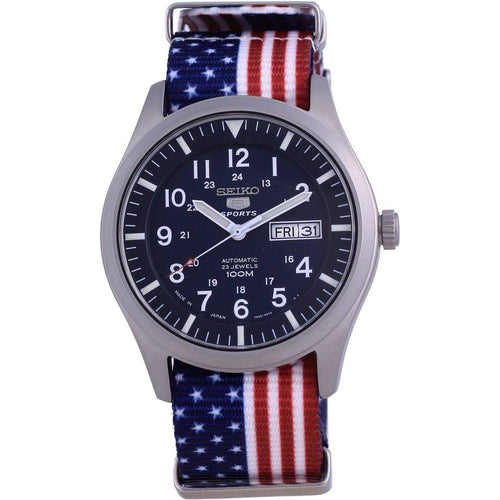 Load image into Gallery viewer, Seiko 5 Sports Automatic Polyester SNZG11J1-var-NATO27 100M Men&#39;s Watch - Blue Dial, USA National Flag Strap
