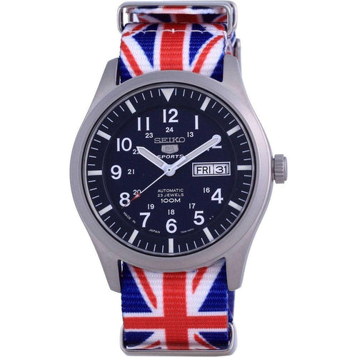 Load image into Gallery viewer, Seiko 5 Sports Automatic Polyester SNZG11J1-var-NATO28 100M Men&#39;s Watch Strap Replacement - Blue United Kingdom National Flag Pattern, Male Wear
