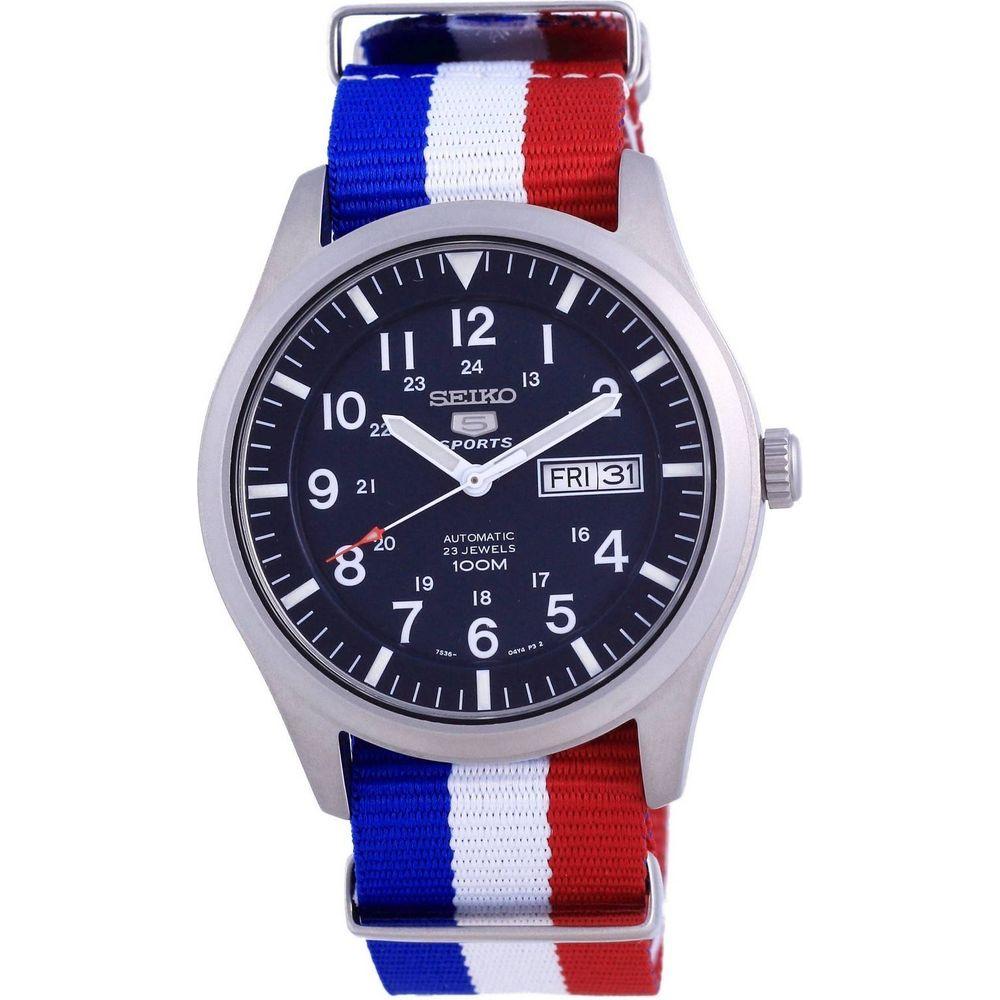 Seiko 5 Sports Automatic Polyester SNZG11K1-var-NATO25 100M Men's Watch - Blue Dial, France National Flag Strap