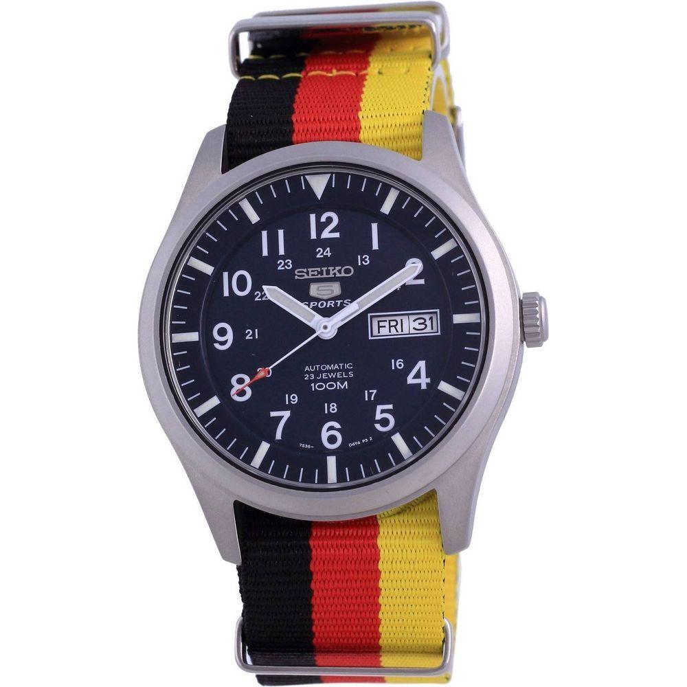 Seiko 5 Sports Automatic SNZG11K1-var-NATO26 100M Men's Blue Germany National Flag Pattern Strap Watch