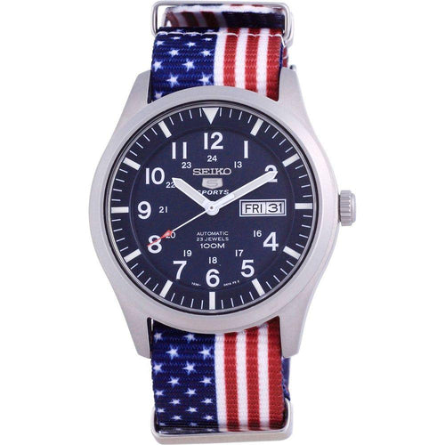 Load image into Gallery viewer, Seiko 5 Sports Automatic Polyester SNZG11K1-var-NATO27 100M Men&#39;s Watch - Blue Dial, USA National Flag Pattern Strap
