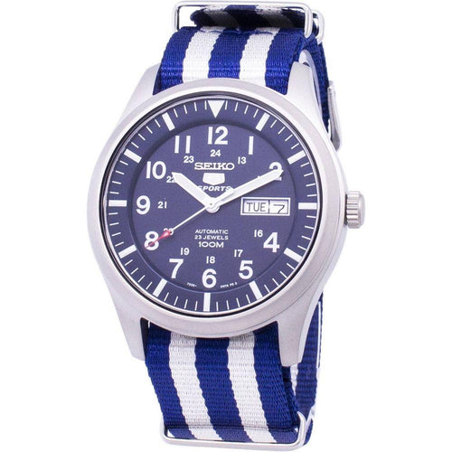 Load image into Gallery viewer, Seiko 5 Sports Automatic Nato Strap SNZG11K1-var-NATO2 Men&#39;s Watch - Stainless Steel Case, Blue White Nato Strap
