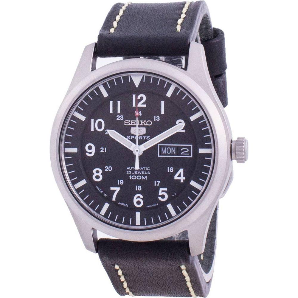Seiko 5 Sports SNZG15J1 Automatic Men's Watch - Black Dial, Stainless Steel Case, Leather Strap