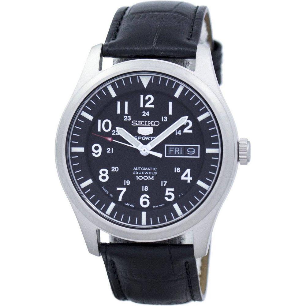 Seiko 5 Sports Automatic Japan Made Black Leather SNZG15J1-var-LS6 100M Men's Watch