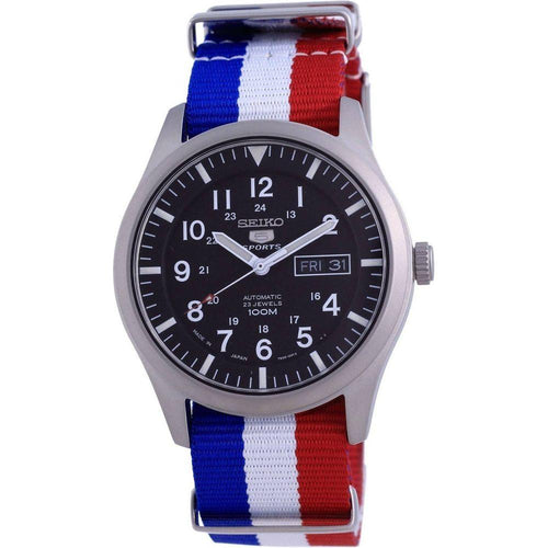 Load image into Gallery viewer, Seiko 5 Sports Automatic Polyester SNZG15J1-var-NATO25 100M Men&#39;s Watch - France National Flag Pattern Strap Replacement - Black, Men&#39;s

