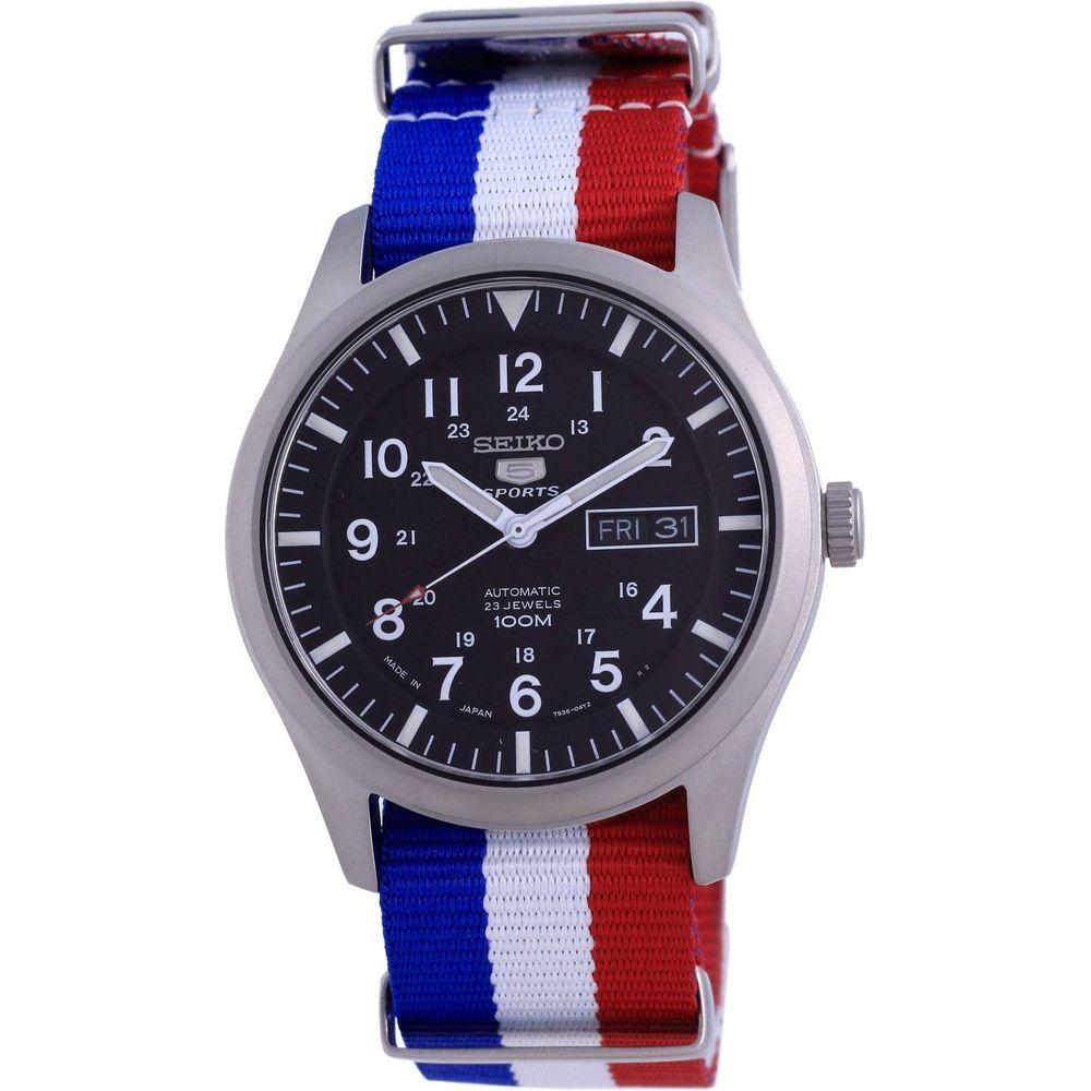 Seiko 5 Sports Automatic Polyester SNZG15J1-var-NATO25 100M Men's Watch - France National Flag Pattern Strap Replacement - Black, Men's