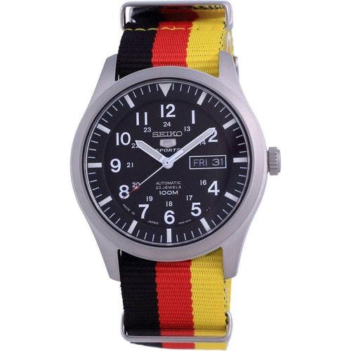 Load image into Gallery viewer, Seiko 5 Sports Automatic Polyester SNZG15J1-var-NATO26 100M Men&#39;s Watch in Black with Germany National Flag Pattern Strap - The Ultimate Statement of German Pride and Style
