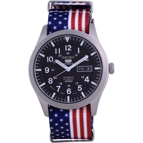 Load image into Gallery viewer, Seiko 5 Sports Automatic SNZG15J1-var-NATO27 100M Men&#39;s Watch Black with USA National Flag Pattern Strap
