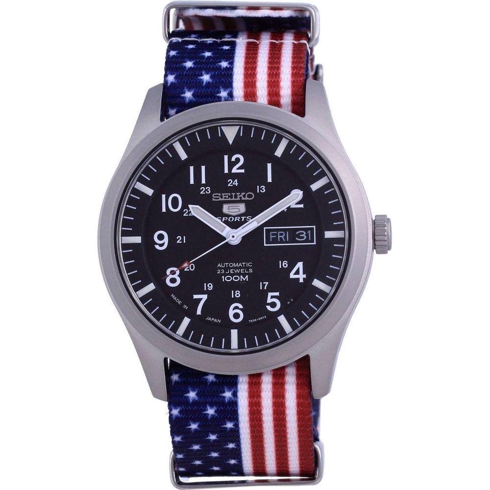 Seiko 5 Sports Automatic SNZG15J1-var-NATO27 100M Men's Watch Black with USA National Flag Pattern Strap