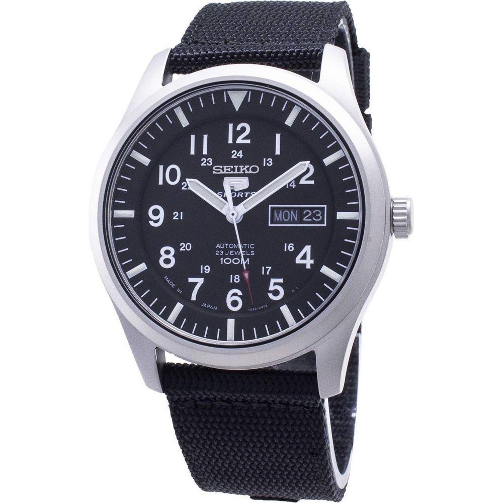 Seiko Men's SNZG15J1 Sports Automatic Watch - Black Dial, Stainless Steel Case, Nylon Strap