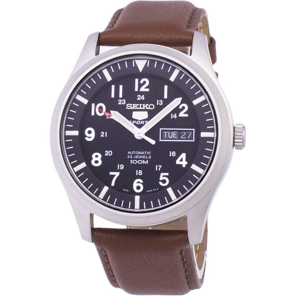 Seiko 5 Sports Automatic Brown Leather Men's Watch SNZG15K1-var-LS12