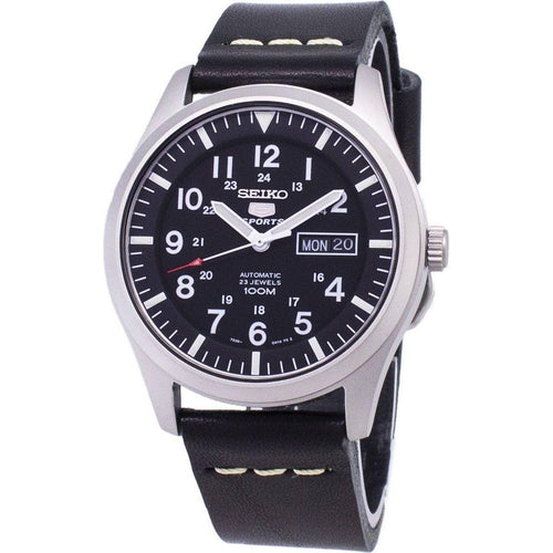Load image into Gallery viewer, Seiko 5 Sports SNZG15K1-var-LS14 Men&#39;s Automatic Black Leather Strap Watch - Timeless Elegance with a Luxurious Black Leather Band!
