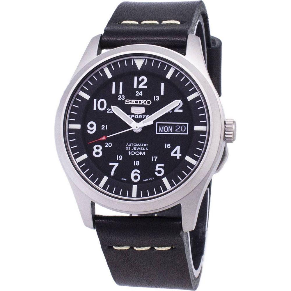 Seiko 5 Sports SNZG15K1-var-LS14 Men's Automatic Black Leather Strap Watch - Timeless Elegance with a Luxurious Black Leather Band!