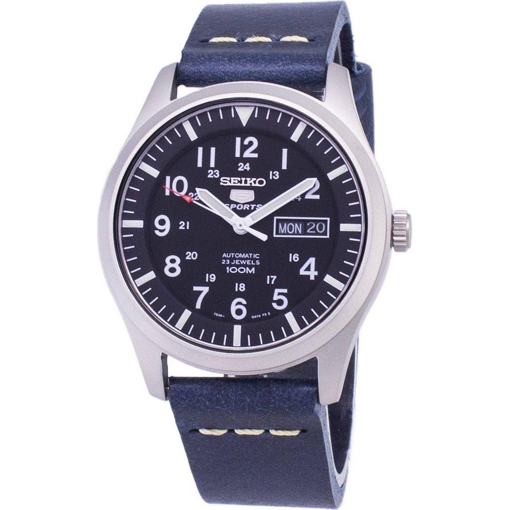 Seiko 5 Sports SNZG15K1-var-LS15 Automatic Dark Blue Leather Strap Men's Watch - Watch Strap Replacement in Dark Blue for Men