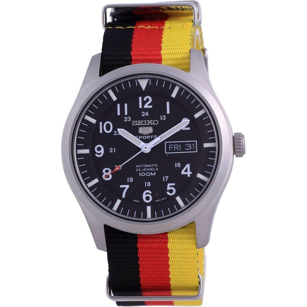 Seiko 5 Sports Automatic SNZG15K1-var-NATO26 Men's Watch Strap Replacement - German Flag Pattern Polyester Band in Black