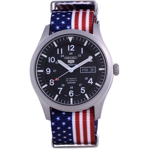 Load image into Gallery viewer, Seiko 5 Sports Automatic Polyester SNZG15K1-var-NATO27 100M Men&#39;s Watch in Black with USA National Flag Strap - The Ultimate Patriotic Timepiece
