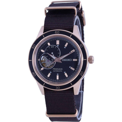 Load image into Gallery viewer, Seiko Presage Style 60&#39;s Open Heart Black Dial Automatic Men&#39;s Watch - Model SSA426J1, Rose Gold Tone Stainless Steel Case, Nylon Strap
