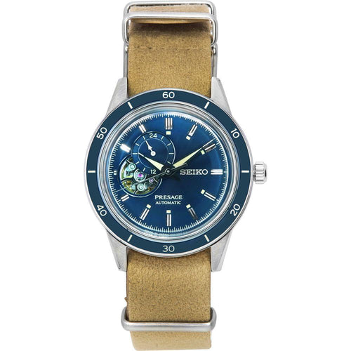 Load image into Gallery viewer, Seiko Presage Style60s Heritage Blue Open Heart Dial Automatic Men&#39;s Watch SSA453J1 - Stainless Steel Case, Synthetic Strap
