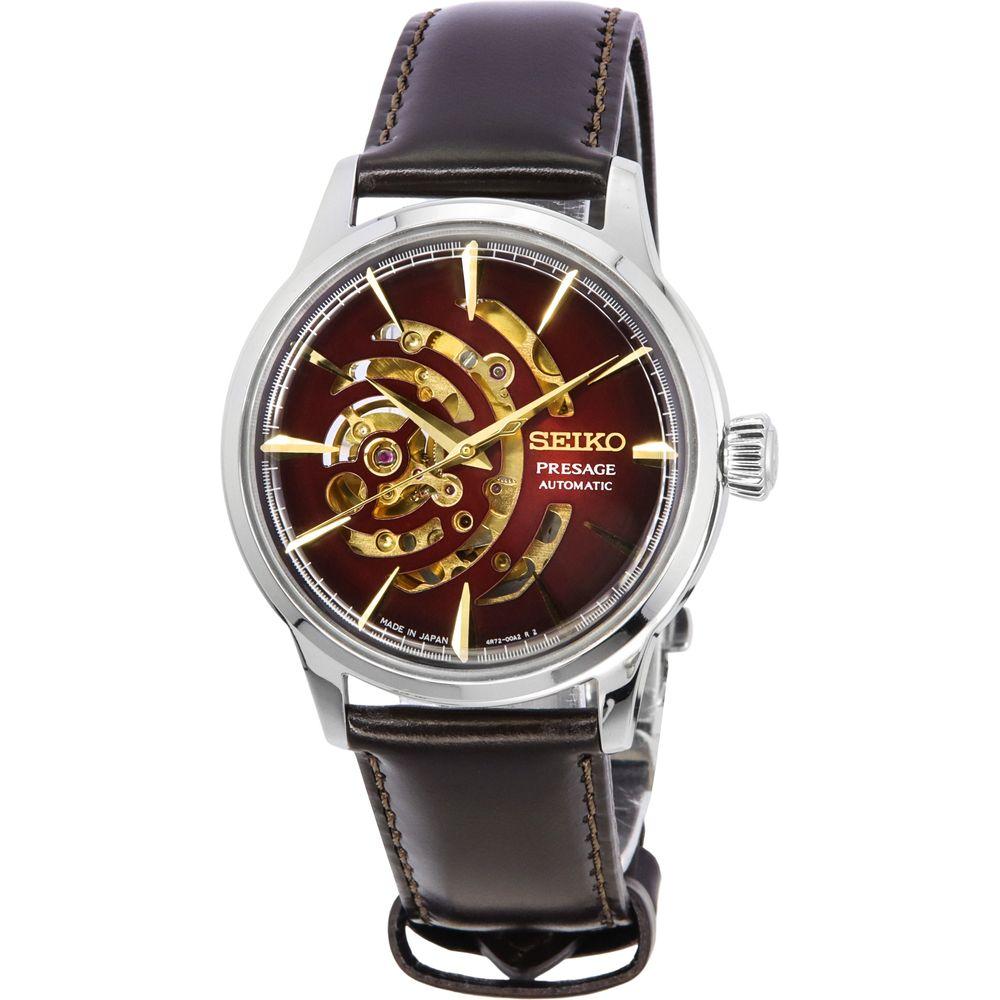 Seiko Presage Cocktail Time Star Bar Limited Edition Automatic Men's Watch SSA457J1 - Maroon Dial, Stainless Steel Case, Leather Strap