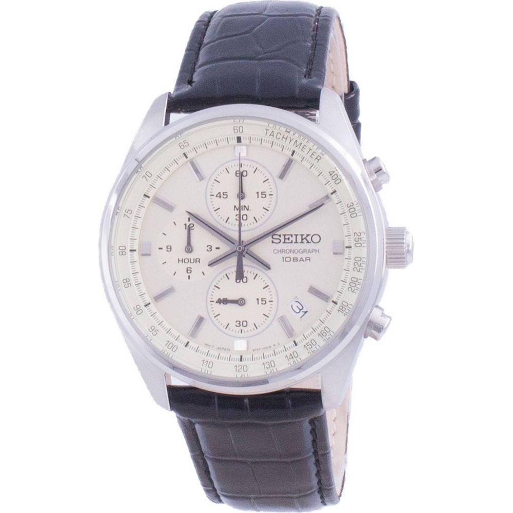 Seiko Men's Chronograph Quartz Watch SSB383P1 Cream Dial Stainless Steel Leather Strap 100M Water Resistant