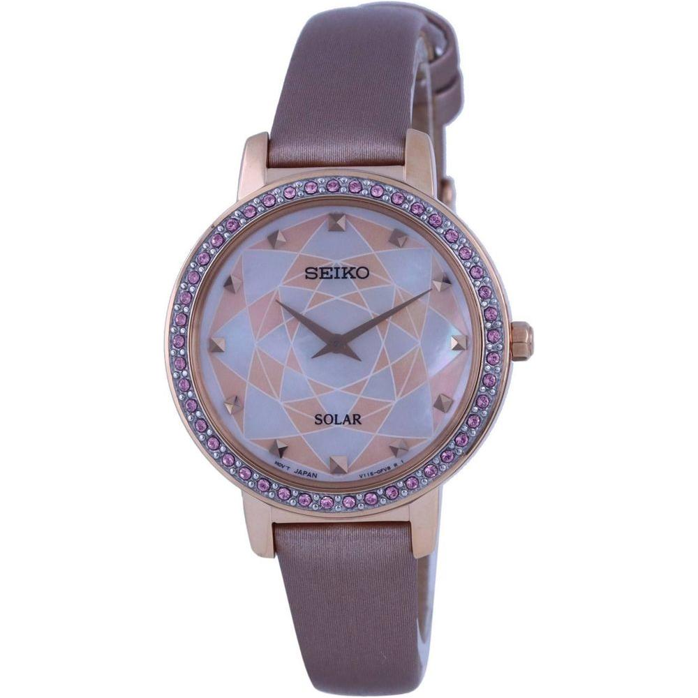 Seiko Discover More Women's Leather Strap Solar Watch SUP456P1 - Mother Of Pearl/Pink Dial