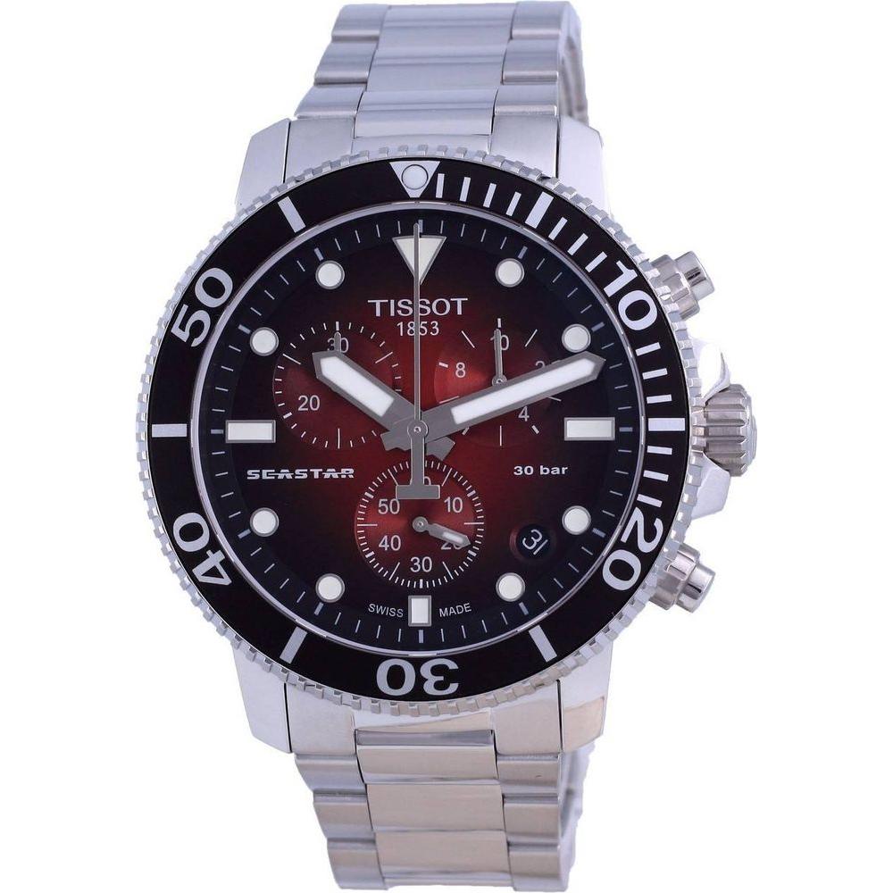 Tissot T-Sport Seaster 1000 Chronograph Diver's Quartz T120.417.11.421.00 T1204171142100 300M Men's Watch - Red Dial Stainless Steel Bracelet