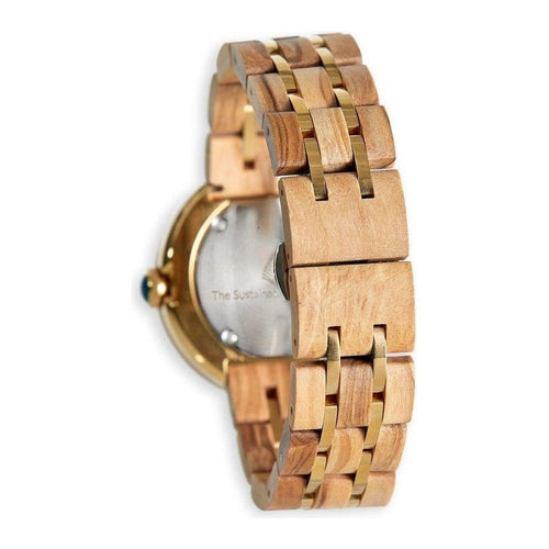 Load image into Gallery viewer, The Teak - Handmade Natural Wood Wristwatch for Men and Women, Olive Wood Band, Model T34, Gold Accents

