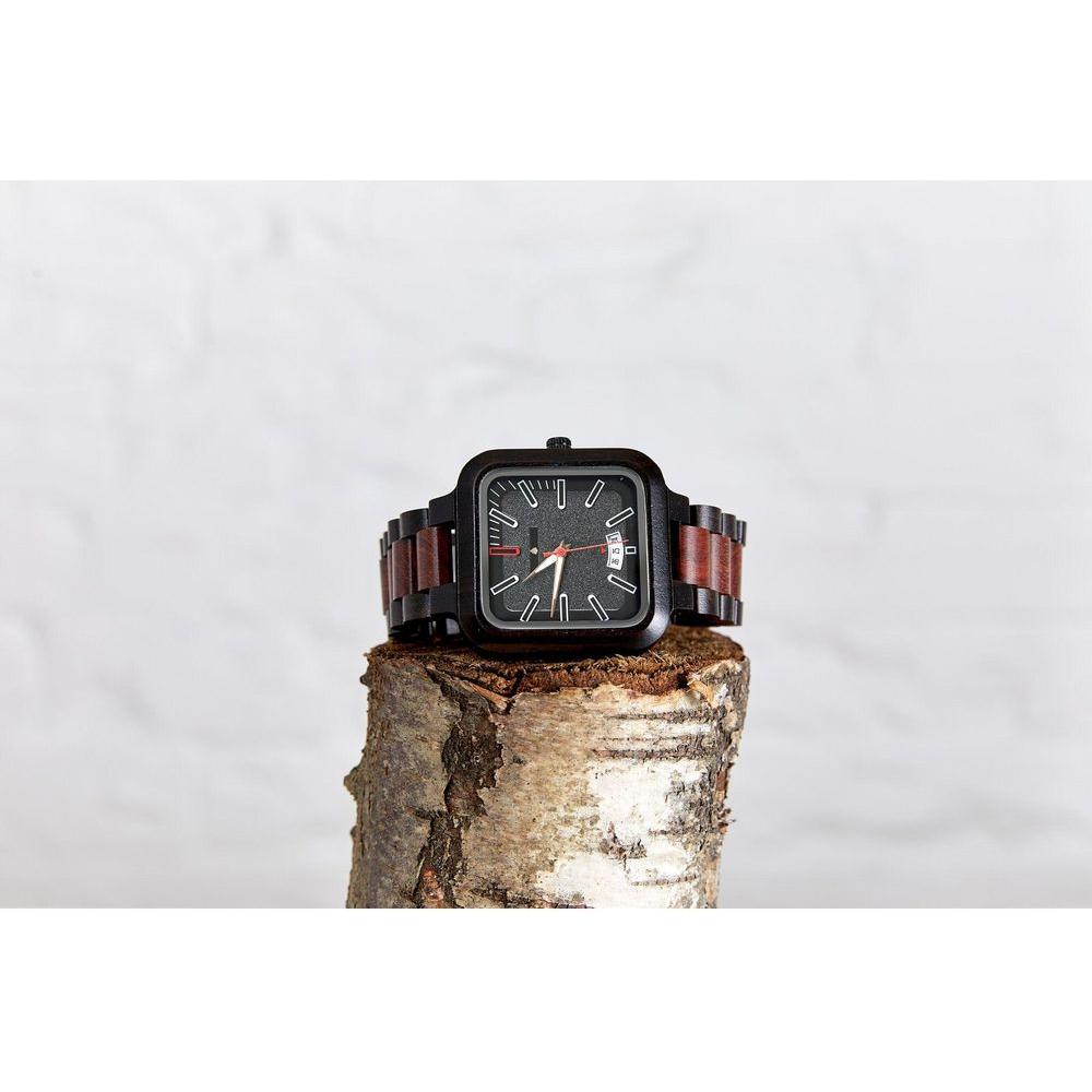 Hickory Handmade Natural Wood Wristwatch - Model HX32SQ Unisex Red Sandalwood and Ebony