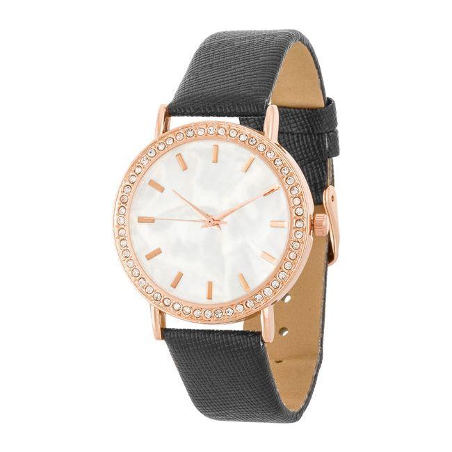 Rose Gold Shell Pearl Watch with Crystals - Elegant Women's Timepiece, Model RGSWP-001