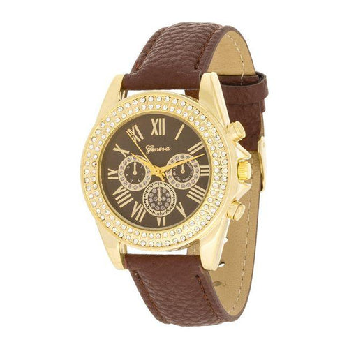 Load image into Gallery viewer, Elegant Brown Leather Watch with Crystals - Model XYZ123 - Women&#39;s

