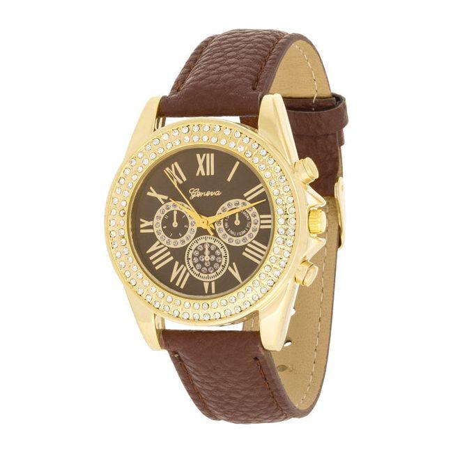 Elegant Brown Leather Watch with Crystals - Model XYZ123 - Women's