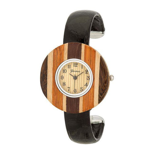 Load image into Gallery viewer, Brenna Black Wood Inspired Leather Cuff Watch for Women - Model BBW-1001, Black
