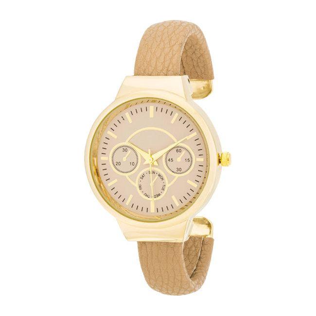 Reyna Gold Beige Leather Cuff Watch for Women - Model RGB-001, Stylish Snake-Inspired Band