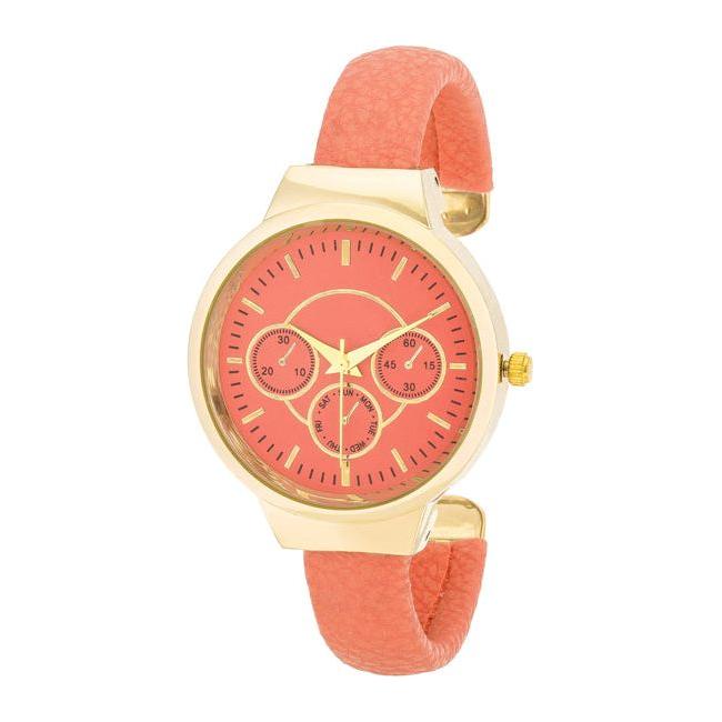 Reyna Gold Coral Leather Cuff Watch - Women's Contemporary Cocktail Fashion Timepiece, Model RGCL-001, Purple