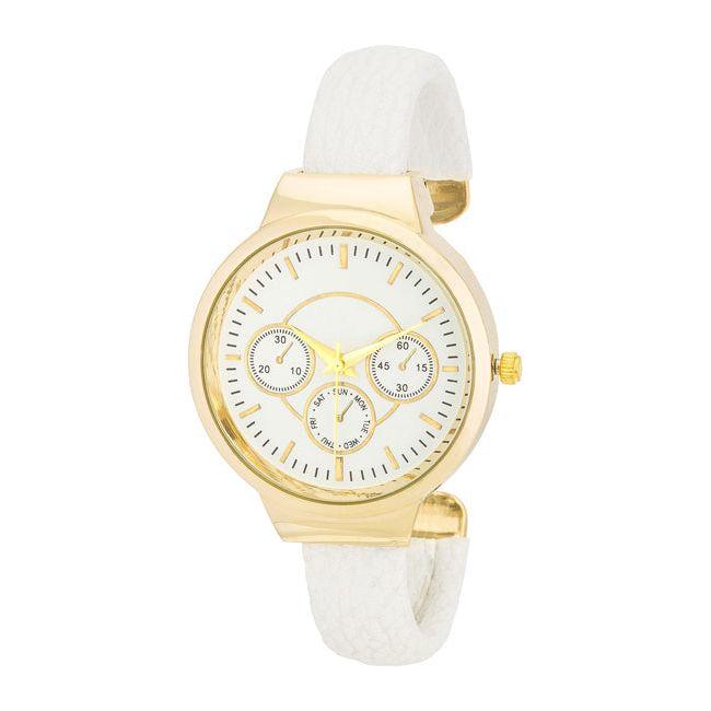 Reyna Gold White Leather Cuff Watch - Elegant Women's Timepiece in White and Gold