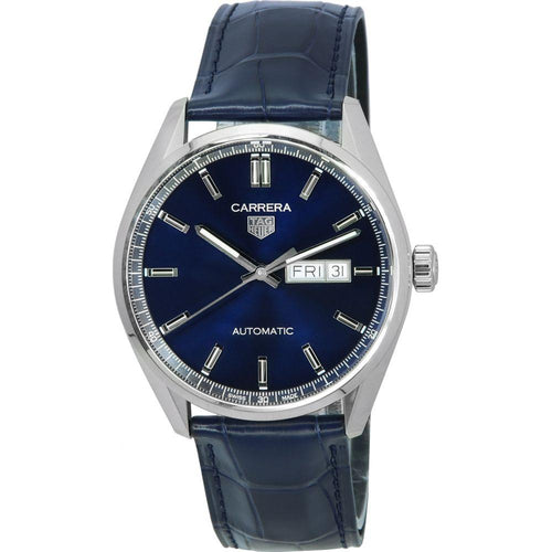 Load image into Gallery viewer, Sophisticated Stainless Steel Watch Strap Replacement with Blue Leather Band for Men - TAG Heuer Carrera Day-Date Blue Dial Automatic WBN2012.FC6502 100M Men&#39;s Watch
