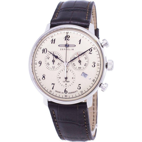 Load image into Gallery viewer, Zeppelin Series LZ 129 Hindenburg ED.1 Men&#39;s Quartz Chronograph Watch - Stainless Steel Case, Beige Dial, Brown Leather Strap (Model: 7086-4 70864)
