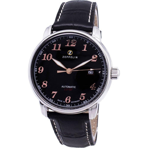 Load image into Gallery viewer, Zeppelin LZ127 Graf 7656-2 Men&#39;s Automatic Watch - German Made, Stainless Steel Case, Black Dial, Leather Strap
