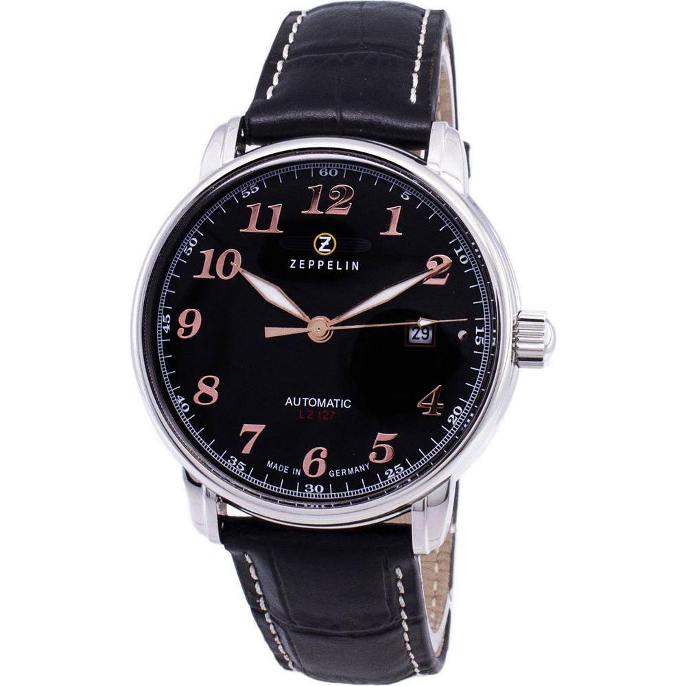 Zeppelin LZ127 Graf 7656-2 Men's Automatic Watch - German Made, Stainless Steel Case, Black Dial, Leather Strap