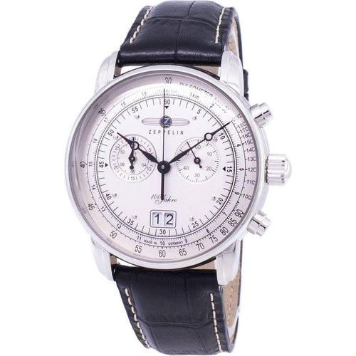 Load image into Gallery viewer, Zeppelin Series 100 Years ED.1 Germany Made 7690-1 76901 Men&#39;s Stainless Steel Chronograph Watch with White/Silver Dial and Leather Strap
