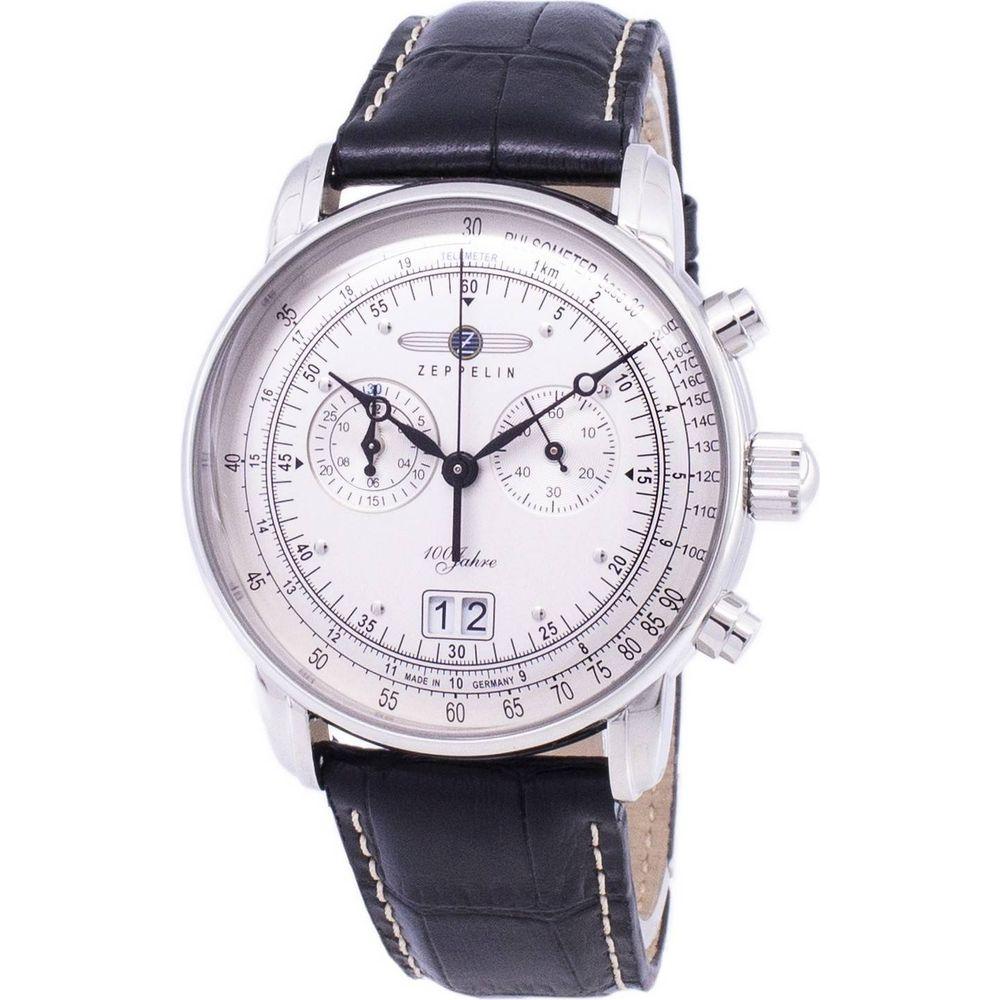 Zeppelin Series 100 Years ED.1 Germany Made 7690-1 76901 Men's Stainless Steel Chronograph Watch with White/Silver Dial and Leather Strap