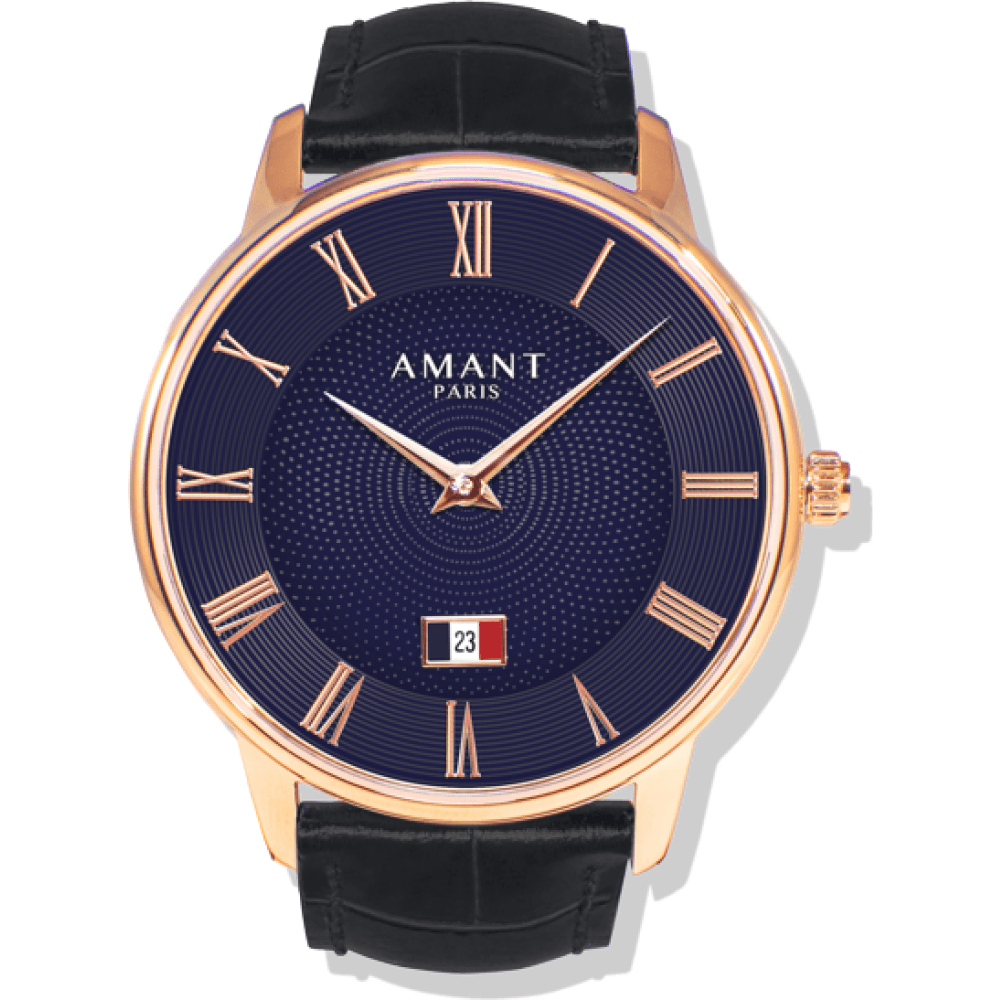 Amant PARIS Luxury Dress Wrist Watch - Ultra-Thin 7mm Case, Stainless Steel, Sapphire Glass, Italian Calfskin Strap, Water Resistant, Men's Black